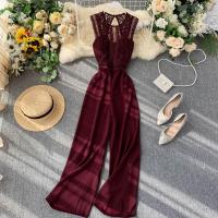 Polyester Long Jumpsuit backless & loose & hollow Lace patchwork Solid : PC