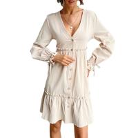 Polyester stringy selvedge & A-line & High Waist One-piece Dress deep V patchwork Solid khaki PC
