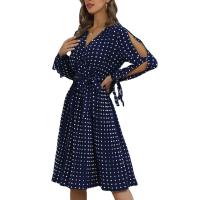 Polyester High Waist One-piece Dress deep V & hollow printed dot Navy Blue PC