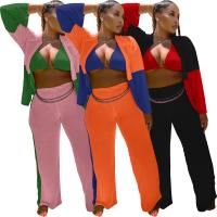 Polyester Women Casual Set & three piece Long Trousers & bra & coat patchwork Solid Set