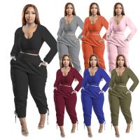 Polyester Plus Size Women Casual Set flexible & deep V & two piece Long Trousers & top Solid PC