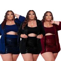 Polyester Plus Size Women Casual Set & three piece Sequin short & tank top & coat Solid Set