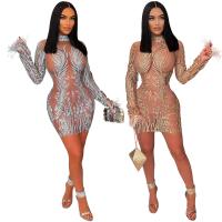 Polyester One-piece Dress see through look Sequin gold foil print PC