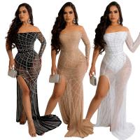 Polyester One-piece Dress see through look & irregular & side slit iron-on Solid PC
