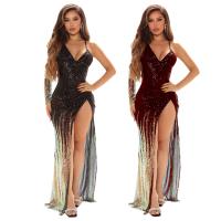 Polyester Sexy Package Hip Dresses deep V & side slit Sequin Solid PC