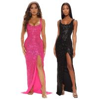 Polyester Sexy Package Hip Dresses side slit Sequin Solid PC