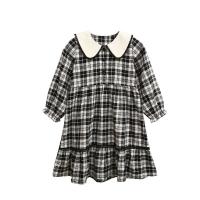 Cotton Girl One-piece Dress mid-long style printed plaid white and black PC