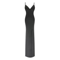Polyester Slim & front slit Long Evening Dress deep V & backless patchwork Solid black PC