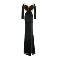 Polyester Slim & front slit Long Evening Dress see through look patchwork Solid PC