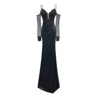 Polyester Slim Long Evening Dress side slit & off shoulder patchwork Solid black PC
