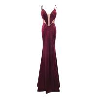 Polyester Slim Long Evening Dress see through look & deep V & side slit patchwork PC