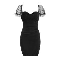 Polyester Slim Sexy Package Hip Dresses see through look & deep V & side slit patchwork Solid PC