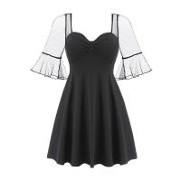 Polyester Slim One-piece Dress see through look & deep V patchwork Solid PC