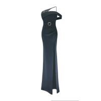 Polyester Slim Long Evening Dress side slit & backless & off shoulder patchwork Solid PC