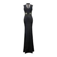 Polyester Waist-controlled & Slim & Mermaid Long Evening Dress deep V patchwork Solid black PC