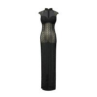 Polyester Slim Long Evening Dress see through look & deep V & side slit & hollow patchwork Solid black PC