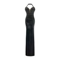 Polyester Waist-controlled & Slim & Mermaid & High Waist Long Evening Dress deep V patchwork Solid black PC