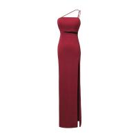 Polyester Slim Long Evening Dress side slit & backless & off shoulder patchwork Solid PC