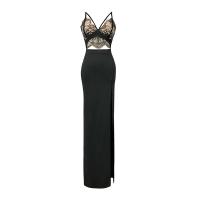Polyester Long Evening Dress see through look & deep V & side slit & backless & hollow patchwork black PC