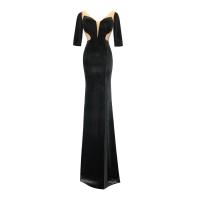 Polyester Slim Long Evening Dress see through look & deep V & side slit & backless patchwork Solid PC