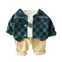 Polyester Slim Boy Clothing Set & three piece Pants & top & coat plaid Set