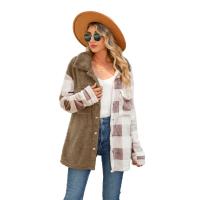 Polyester Women Coat & with pocket patchwork plaid camel PC
