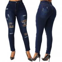 Cotton Ripped & Slim & High Waist Women Jeans flexible Solid deep blue PC