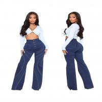 Cotton Slim & bell-bottom & High Waist Women Jeans flexible patchwork deep blue PC
