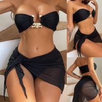 Polyamide Bikini backless & three piece Solid black Set