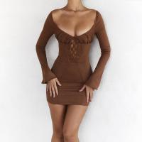 Polyester Slim Sexy Package Hip Dresses deep V Solid brown PC