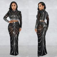 Polyester Crop Top & High Waist Women Casual Set see through look & two piece & with rhinestone skirt & top Set