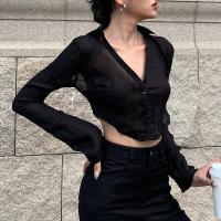 Polyester Slim Women Long Sleeve Blouses patchwork Solid black PC
