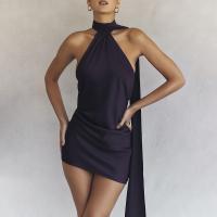 Polyester Sexy Package Hip Dresses backless patchwork Solid purple PC