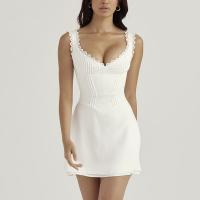 Polyester Slim One-piece Dress deep V patchwork Solid white PC