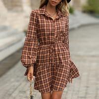 Polyester Waist-controlled One-piece Dress printed brown PC