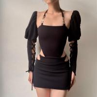 Polyester Sexy Package Hip Dresses with oversleeve & hollow patchwork Solid black PC