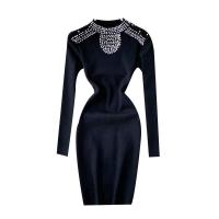 Plastic Pearl & Knitted Slim Sexy Package Hip Dresses slimming Solid black : PC