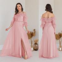 Polyester Long Evening Dress side slit & backless Solid pink PC