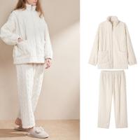 Coral Fleece & Polyester Women Pajama Set & two piece & thermal Pants & top jacquard Set