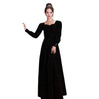 Polyester High Waist Long Evening Dress plain dyed Solid black PC