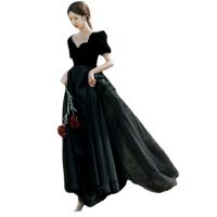 Polyester High Waist Long Evening Dress plain dyed Solid black PC