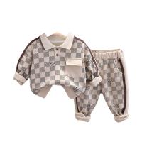 Cotton Slim Boy Clothing Set & two piece Pants & top patchwork plaid gray Set