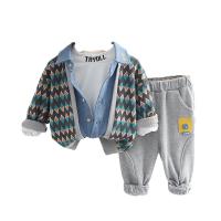 Cotton Slim Boy Clothing Set & three piece & fake two piece Pants & top & coat patchwork Argyle Set