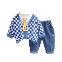 Cotton Slim Boy Clothing Set & three piece Pants & top & coat patchwork plaid Set