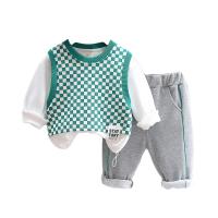 Cotton Slim Boy Clothing Set & two piece & fake two piece Pants & top plaid Set