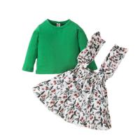Cotton Slim Girl Clothes Set & two piece skirt & top printed green Set