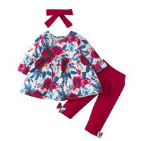 Cotton Slim Girl Clothes Set & three piece Hair Band & dress & Pants printed multi-colored Set