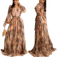 Polyester long style One-piece Dress large hem design & deep V printed snakeskin pattern PC