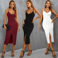 Rayon Slim & front slit Sexy Package Hip Dresses mid-long style & deep V Polyester patchwork Solid PC