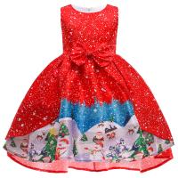 Polyester lace & Princess Girl One-piece Dress with bowknot & christmas design printed snowflake pattern red PC